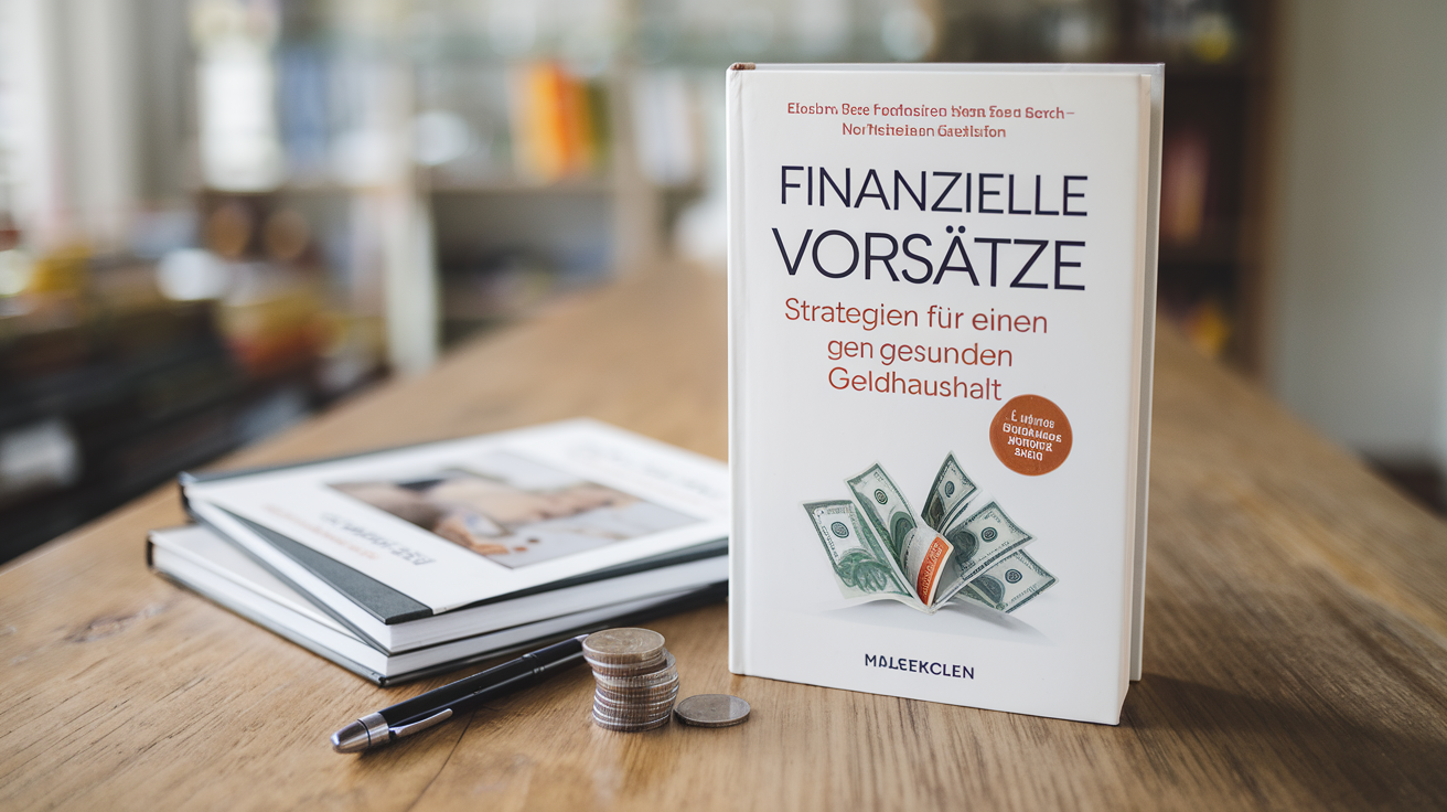 Buch über finanzielle Vorsätze mit Geldscheinen und Münzen auf einem Tisch, strategische Tipps für gesunde Finanzen.