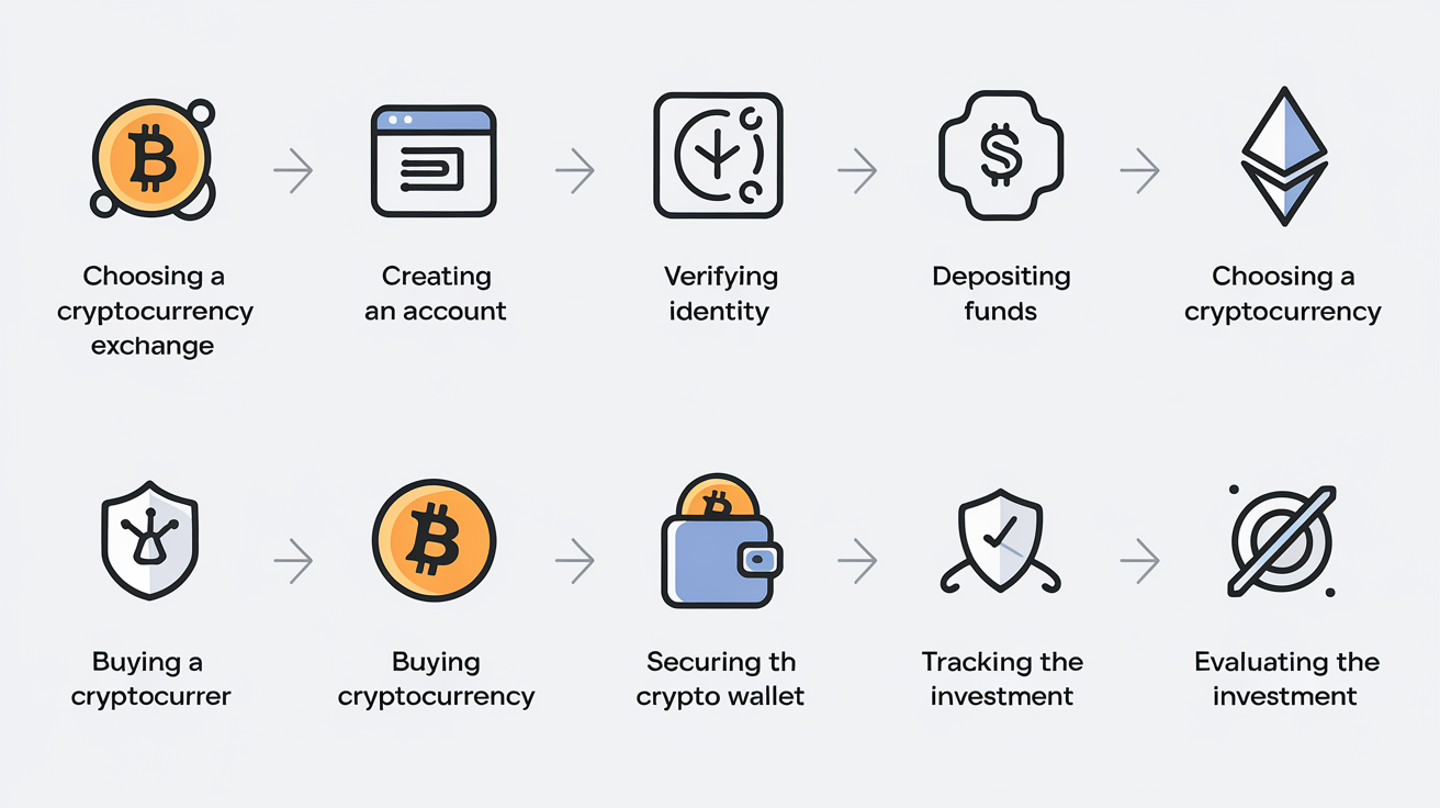 Grafische Darstellung der Schritte zum Kauf von Kryptowährung, einschließlich Kontoerstellung und Investitionsbewertung.